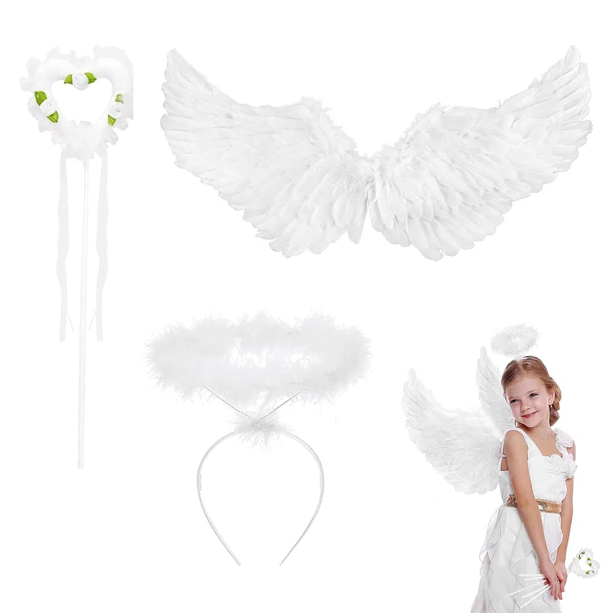 Ali d'angelo, bianco, 60 x 35 cm, costume da angelo con alone e bacchetta magica, ali di piuma, angelo bianco, costume da angelo da donna, per Halloween, carnevale, cosplay, feste, cosplay
