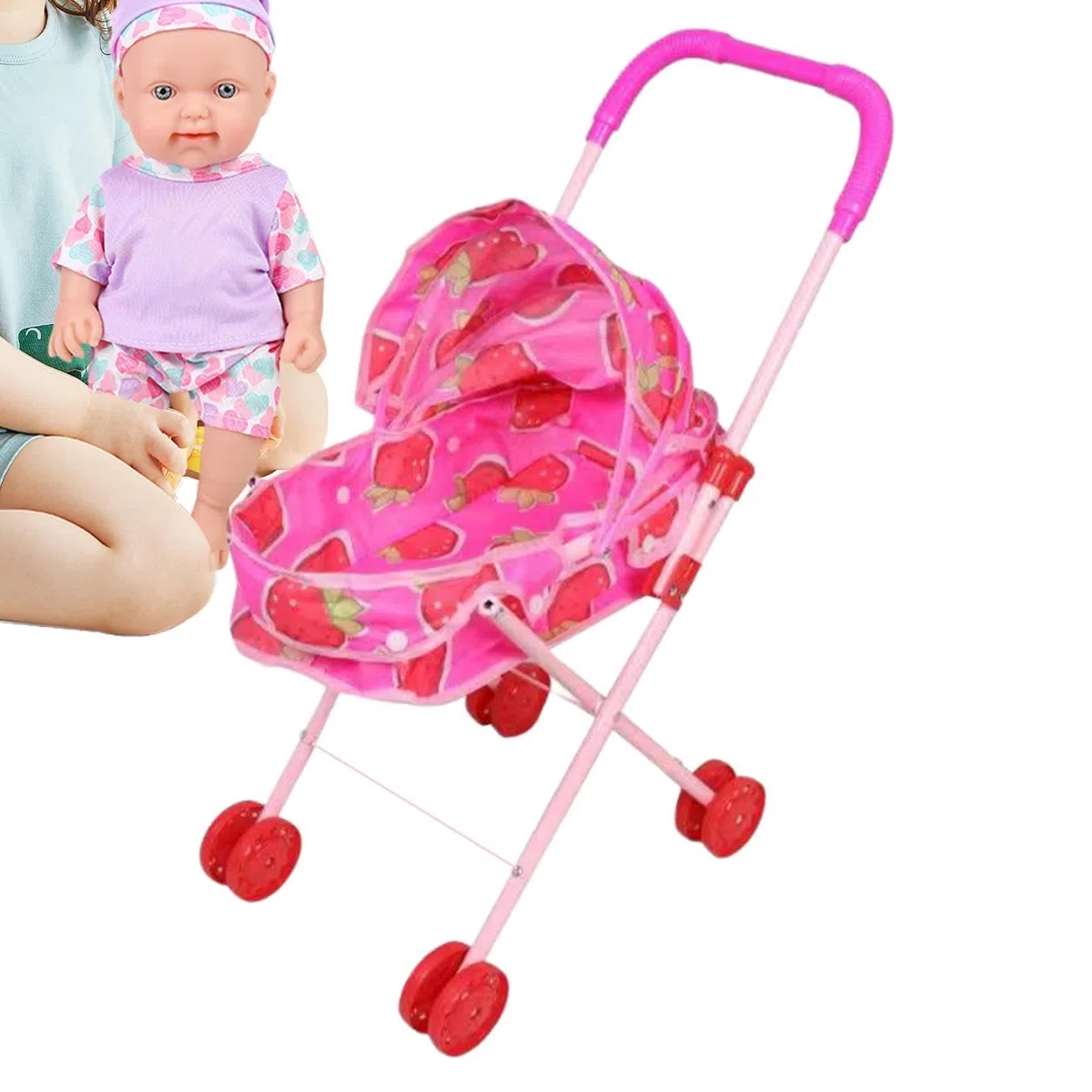 Passeggino per bambole pieghevole con tettuccio, passeggino per giochi di ruolo per ragazze, passeggino leggero per bambole per interni ed esterni, per imparare all'asilo, viaggi, compleanno