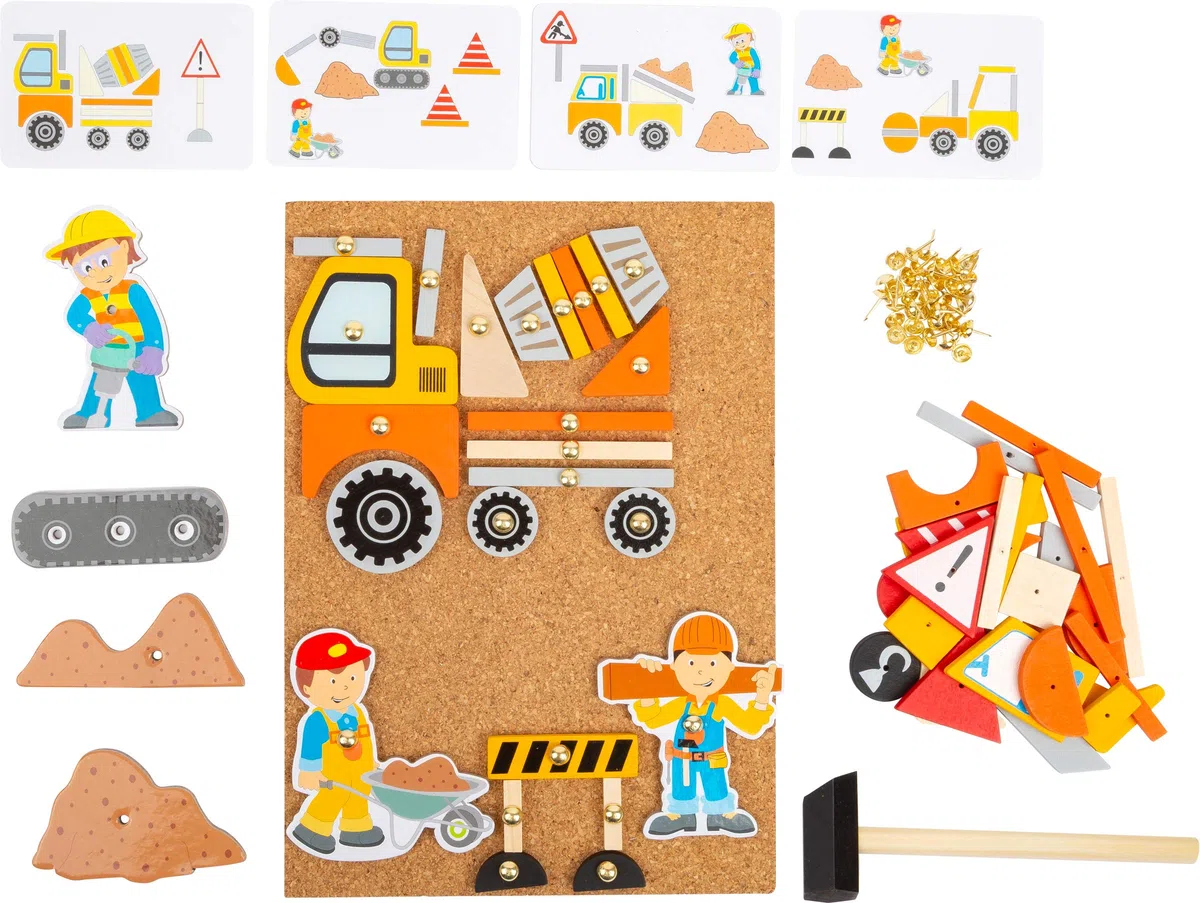 Small Foot 11573 Gioco con martelletto in Legno e Sughero, con Motivi del Mondo del Cantiere, a Partire dai 6 Anni.