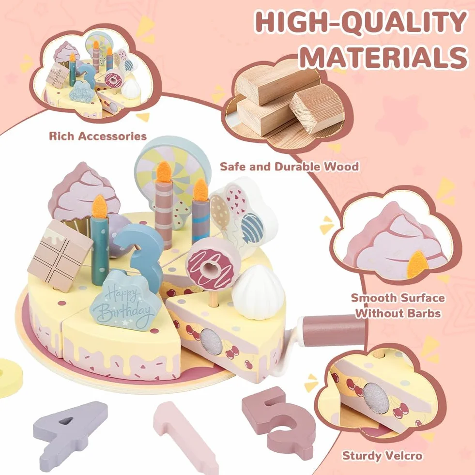 Ainiv Cucina Giocattolo per Bambini Bambino, Torta di Compleanno di Legno con Accessori, Giocattolo Educativo Montessori, Regalo Compleanno Pasqua Halloween Natale Ragazzo Ragazza 18 Mesi+ Anni, Rosa