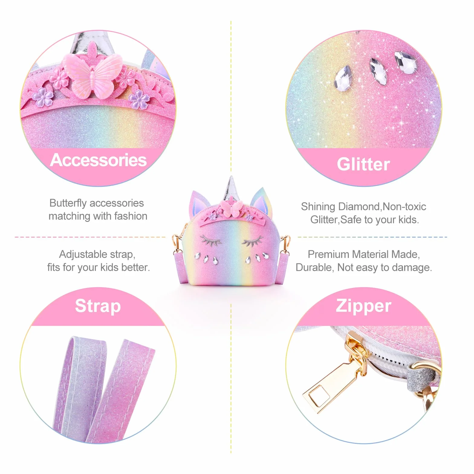 JYPS Unicorn Purse per Bambine, 7pcs Cute Kids Borsa Crossbody con Bambini Dress Up Jewelry Set Fingere Giocare Accessori, Regali di Compleanno Unicorno Regali Giocattolo per Ragazza