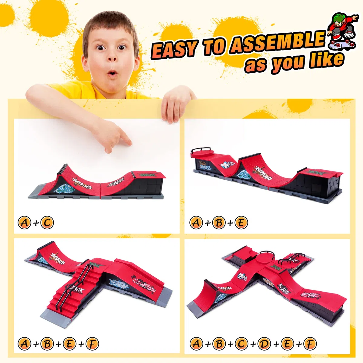 KETIEE Mini Skateboard da Dita con Rampa, Finger Skateboards Rampa con 2 Fingerboard e Finger Scooter Skatepark Rampe Finger Skate Park Kit per i Regali dei Bambini (1810-6E Aggiornamento)