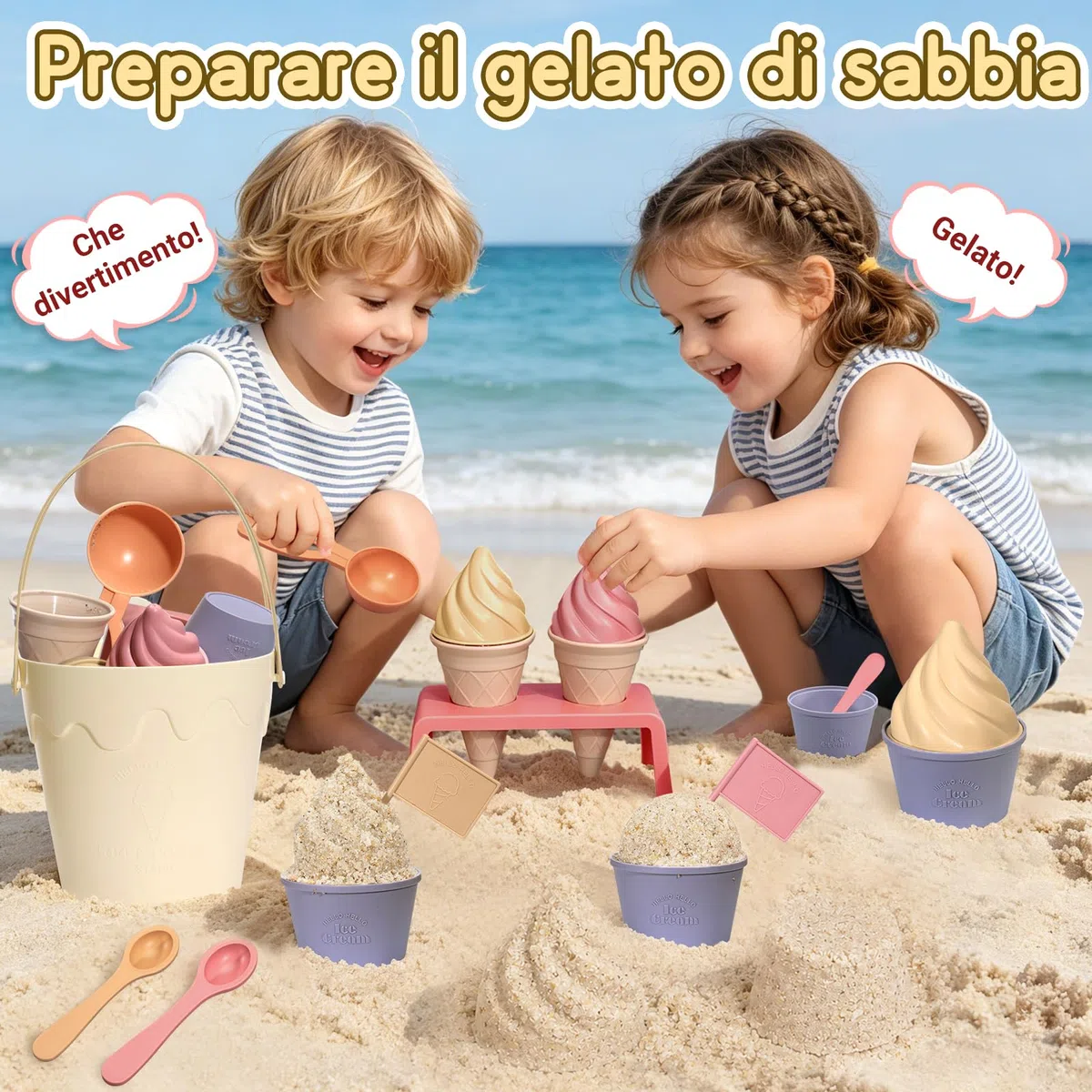 VBACALA Set Gelato Giocattolo da Spiaggia per Bambini, 13 Pezzi con Secchiello, Formine Sabbia e Accessori Gelateria, Giochi Mare e Giardino, Regalo Estate Bambini 3+ Anni
