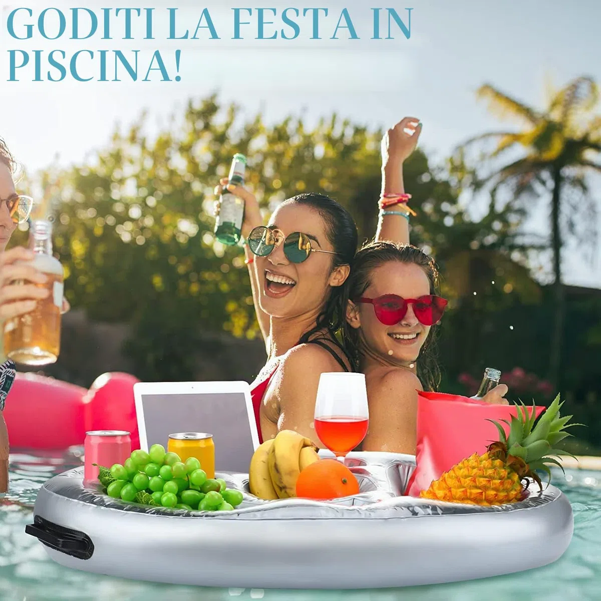 Portabevande gonfiabile 2 in 1, vassoio galleggiante 8 fori, grande capacità, galleggiante, portabevande per piscina, gonfiabile, per piscina, gonfiabile, per piscina