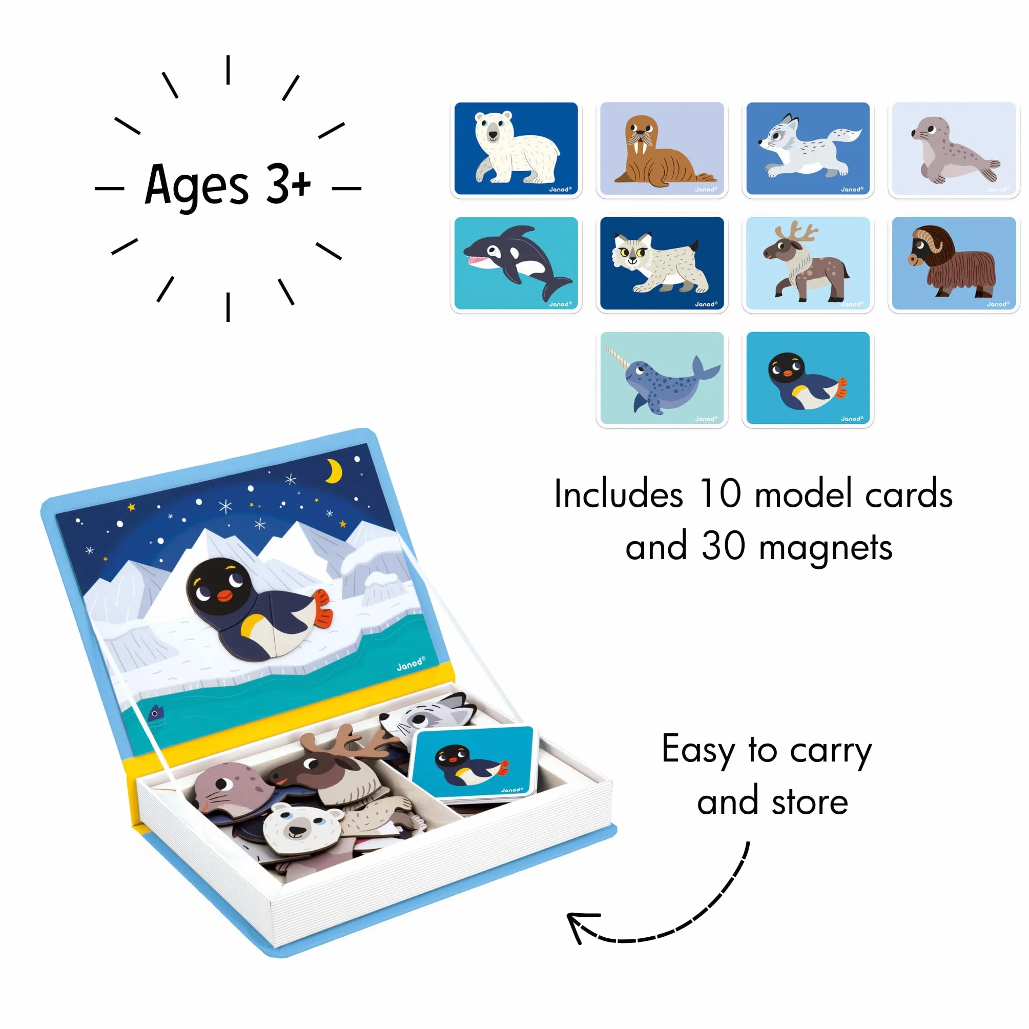 Janod - Magnéti'book Animali Polari - Gioco Educativo Magnetico 30 Calamite + 10 Modelli - Giocattolo per Bambini in Cartone FSC - Sviluppa Le Abilità Fino-Motorie e l'Immaginazione - dai 3 Anni