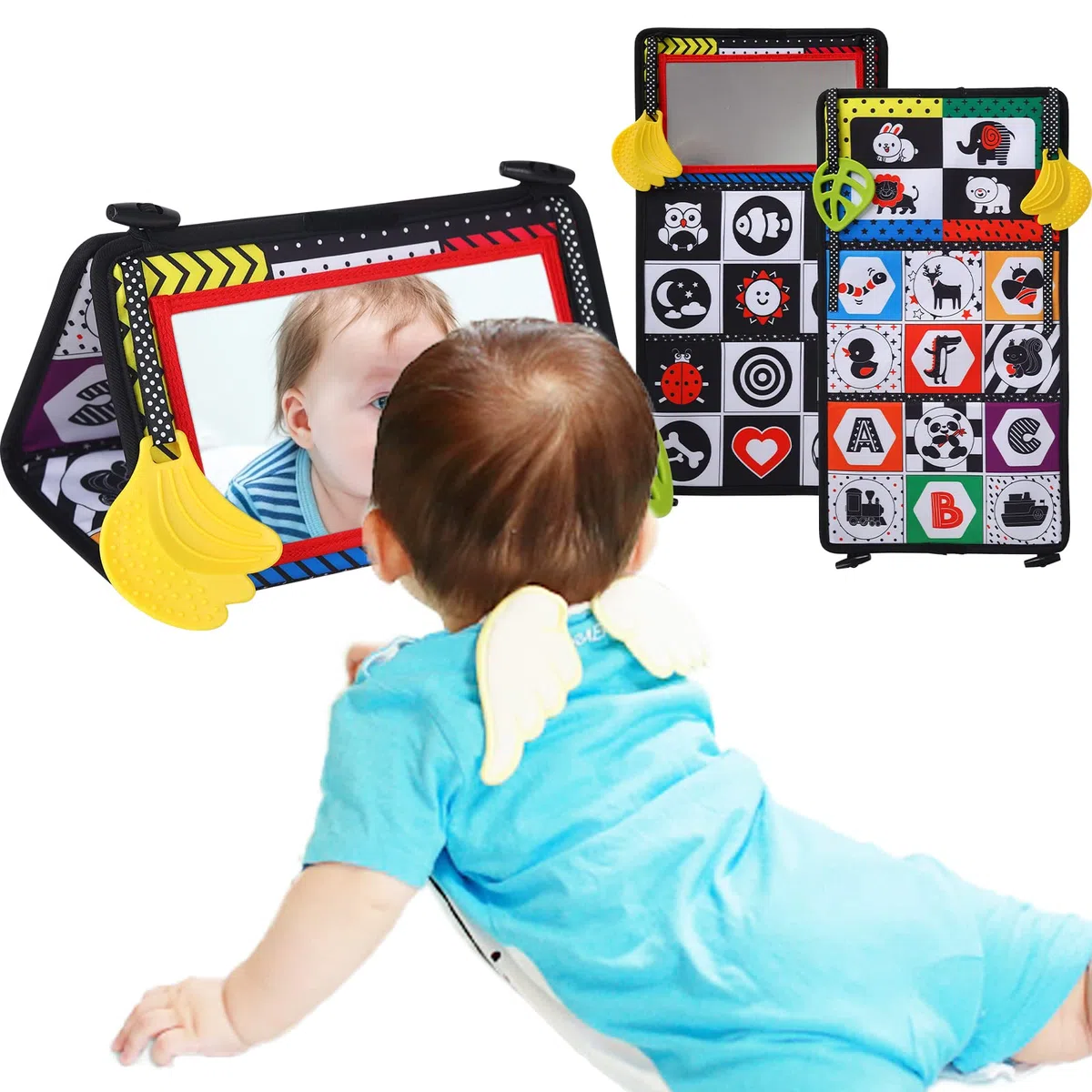 Giocattoli per Specchietti per la pancia per bebè, Specchio Montessori Neonati Libro Neonato Sensoriale Stoffa Giocattoli per Specchietti da Pavimento in Bianco e Nero per Bambini da 0 a 12 mesi