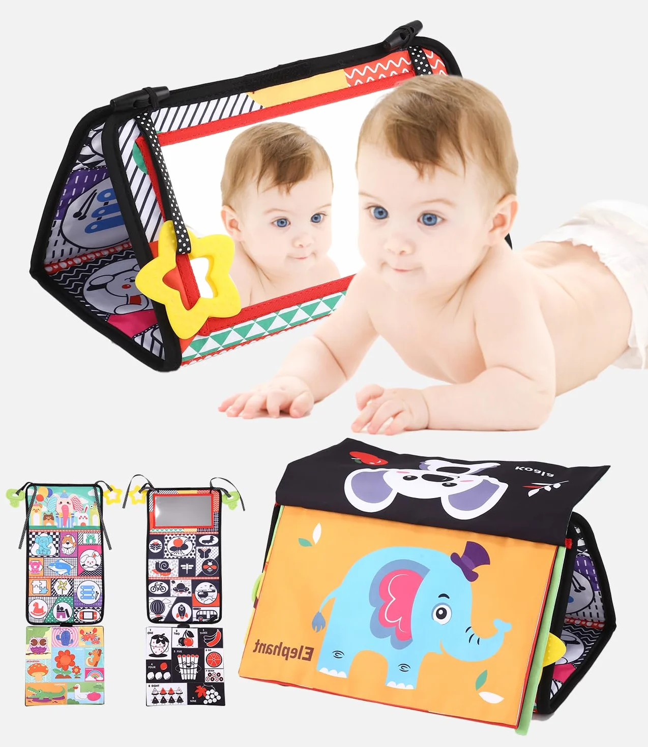 Zawaer Specchio Montessori per Bambini, Giocattoli per Specchietti,con Motivi in Bianco e Nero EA Colori, Libro Stoffa con Specchio, Giocattoli Educativi per 0-9 Mesi Ragazzo Ragazza