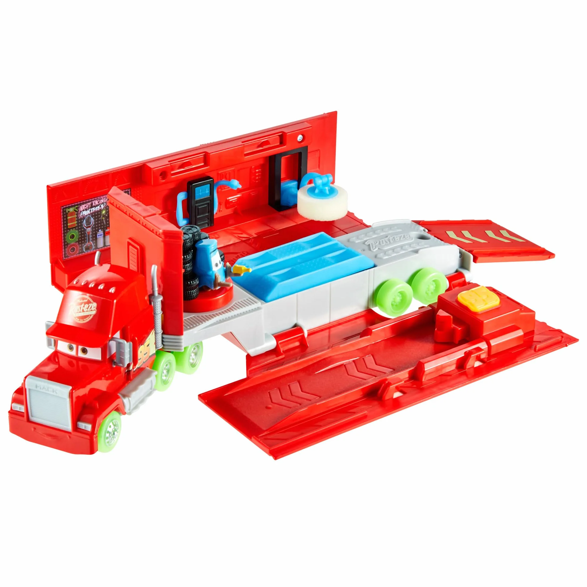 Mattel Disney Pixar Cars Auto Luminose Mack Trasformabile, playset con truck giocattolo fluorescente 2 in 1 e officina per la messa a punto con lanciatore, ponte sollevatore e molto altro, HPX76