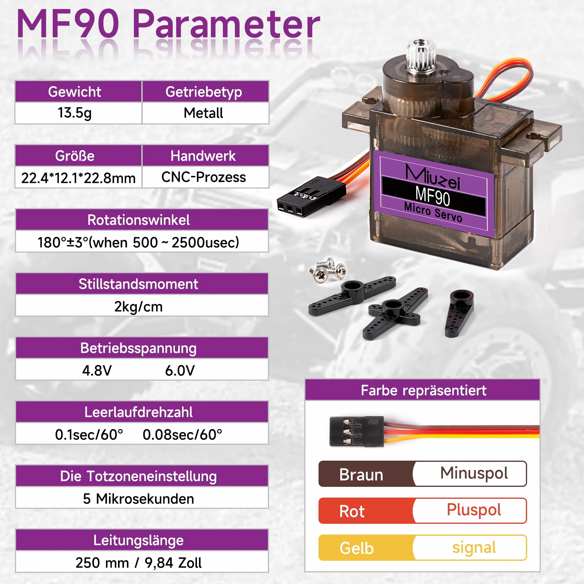 Miuzei Micro Servo Metal Gear 90 9G Rc Motore Sterzo per Arduino Set Elicottero, Auto 1/10 1/8 Robot Ala Rigida Elicottero, Modelli fai da te con Cavo Servo Horn (4 pezzi)