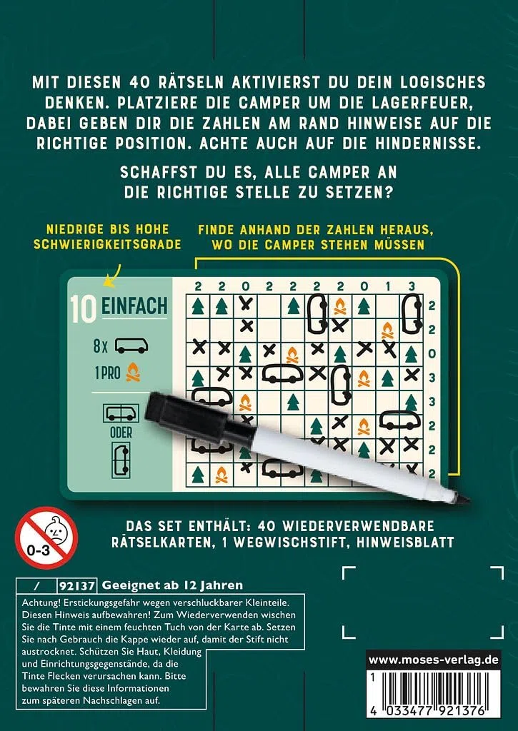 moses 92137 Happy Camper, Puzzle Logico con Fattore di dipendenza da Viaggio, 40 Carte riutilizzabili con Penna, compiti di Pensiero in 3 Livelli di difficoltà per Ragazzi e Adulti, Giallo