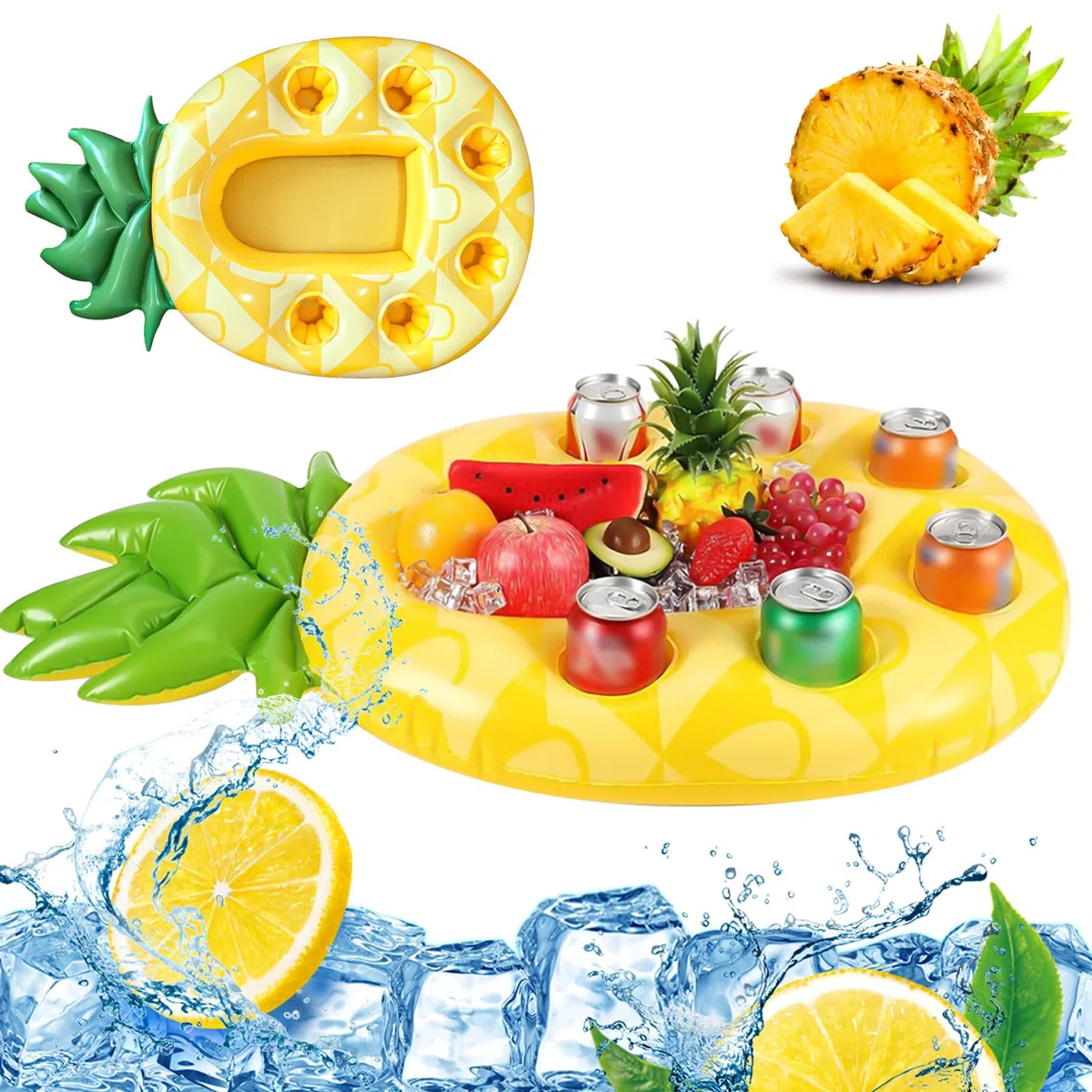 Portabevande gonfiabile, galleggiante, per bevande 2 in 1 e snack, per piscina, 8 fori, grande capacità, bellissimo portabottiglie gonfiabile, per l'estate e per la piscina