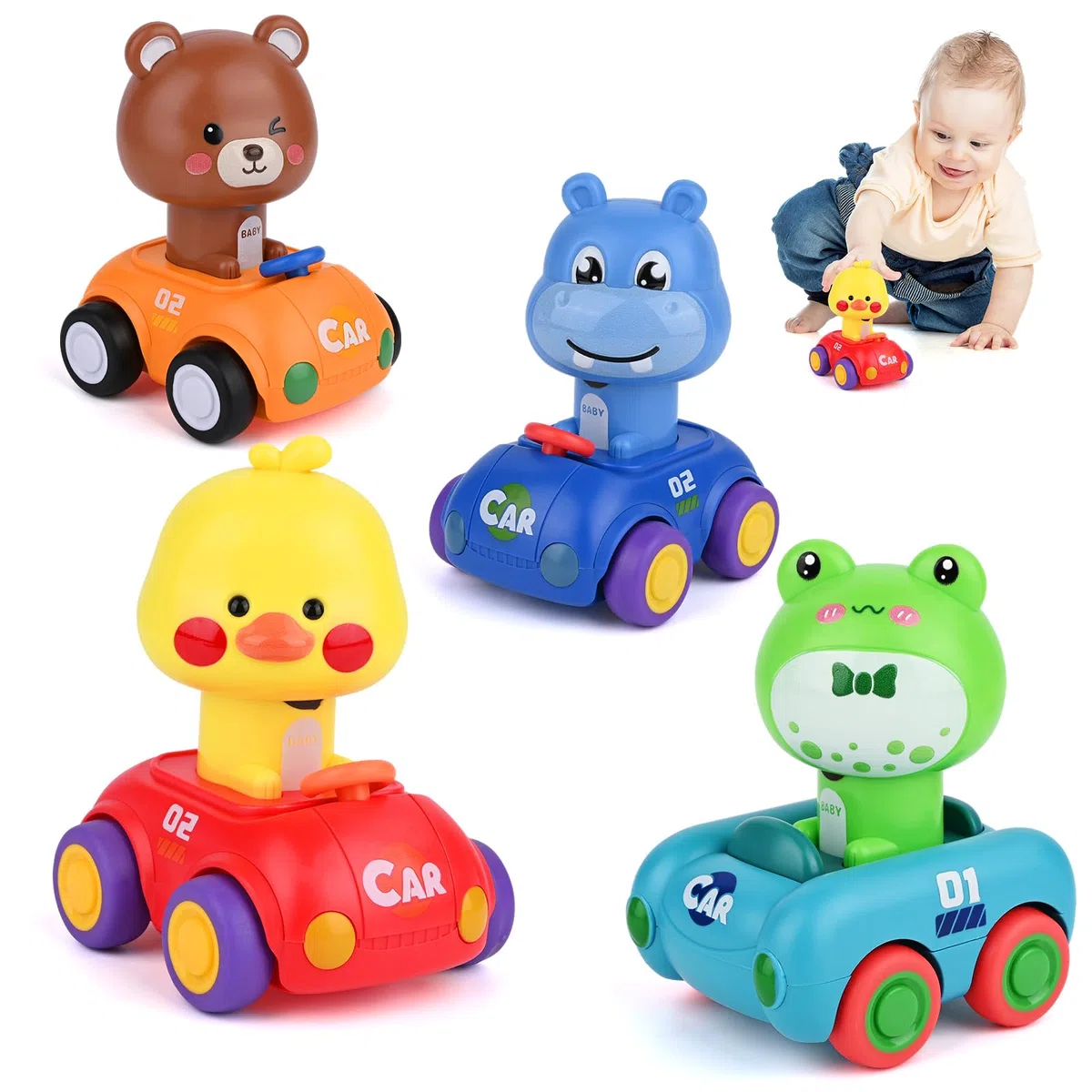 Weinsamkeit 4 Pcs Macchinine Press and Go, Macchinine Giocattolo di Animali, Giochi Macchinine per Bambini 1 Anni, Macchinine Giocattolo Inerzia per 1 2 3 Bambini e Bambine, Natale Compleanno Regalo
