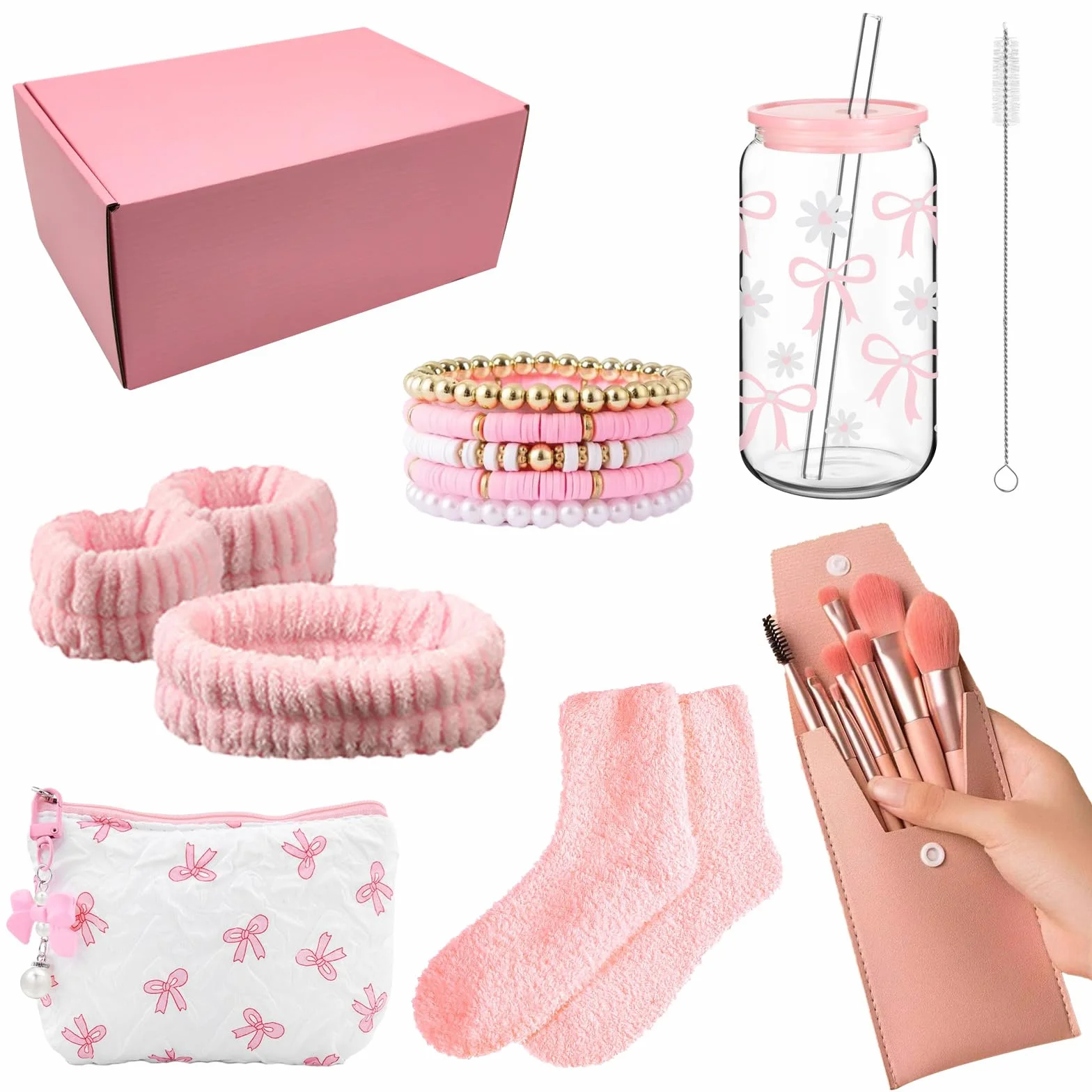 Sugeru Regali per Ragazze Adolescenti 9 10 11 12 13 14 15 16 anni, Regalo Compleanno con Donna Bicchiere con Cannuccia e Coperchio, Pennello per Trucco Borsa per Cosmetici Braccialetto Calzini (rosa)