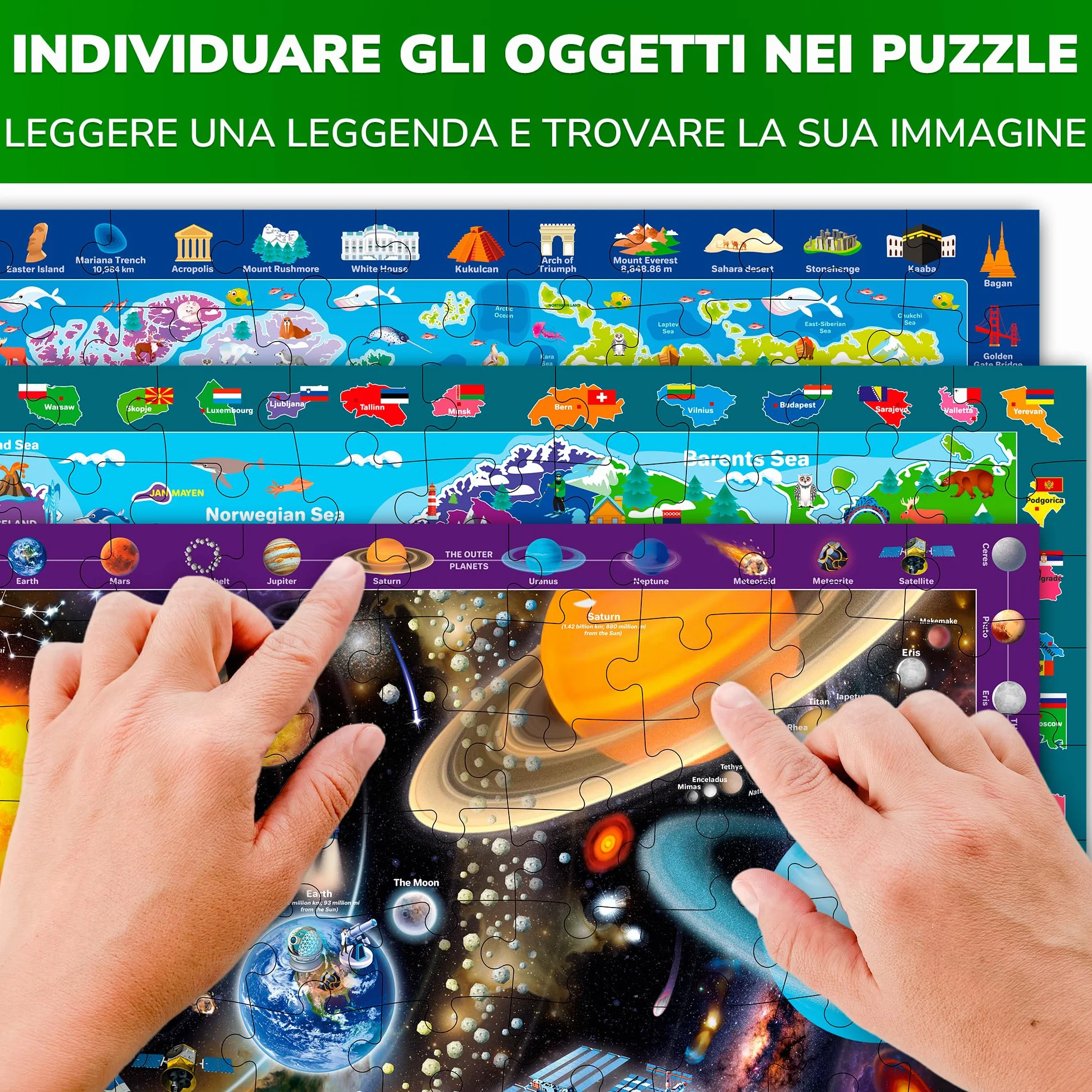QUOKKA Puzzle 100 Pezzi Bambini 4 5 6 Anni – Set di 3 Puzzle Mappamondo Bambini 6 7 Anni – Gioco Educativo con Spazio Europa e Mappa del Mondo – Giocattolo Regalo per Ragazzi e Ragazze dai 4 ai 9