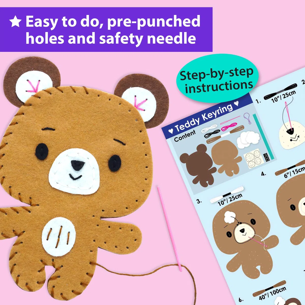 KRAFUN Kit da Cucito Portachiavi per Bambini 7+ Anni, 6 Bambole Peluche (Orsacchiotto, Unicorno, Cucciolo), Feltro, Istruzioni, Giocattolo Educativo