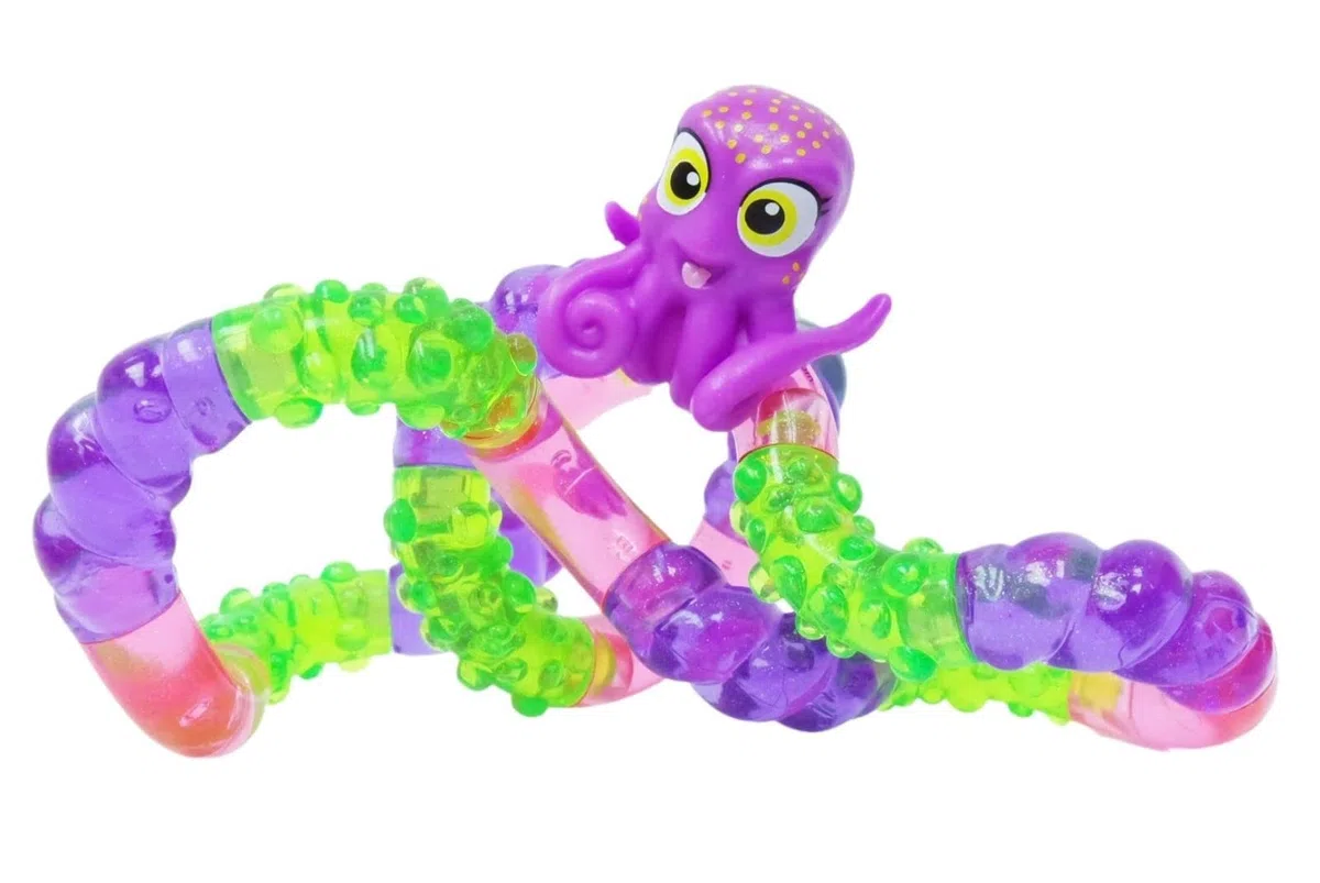 Tangle 8514 Fidget Toy Junior Aquatic Pets serie con figura animale polpo antistress, giocattolo per dita motorie, rotazione e combinabile a piacere, giocattolo per bambini dai 3 anni, viola/verde