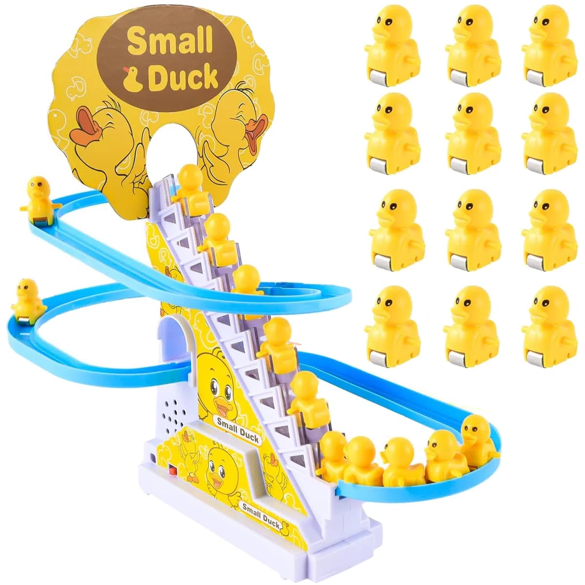 Anatra elettrica per salire le scale, giocattolo educativo con luce e musica, 12 pezzi, Electric Duck Climbing Stairs Toy, regalo per ragazze e ragazzi