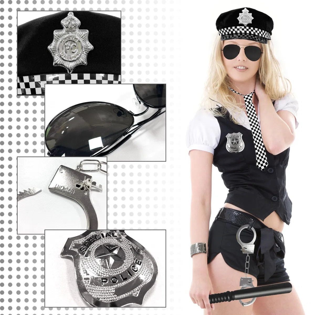 Accessori Della Polizia per Bambini, Costume Poliziotta Accessori,Completano Cappello,Manette,Occhiali da Sole e Altri Oggetti Scena, Perfetti per Carnevale e Giochi Ruolo (Stile D-7 pcs)