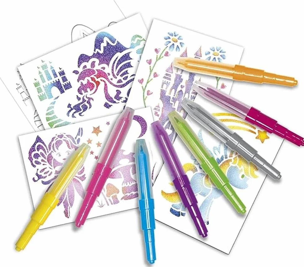 Lansay - BLOPENS - Set attività Fatate - Pennarelli da Soffiare con Stencil Riutilizzabili - Idea Regalo Bambini dai 5 Anni - Kit Creativo Disegni Fate, Unicorni e Sirene Glitterate