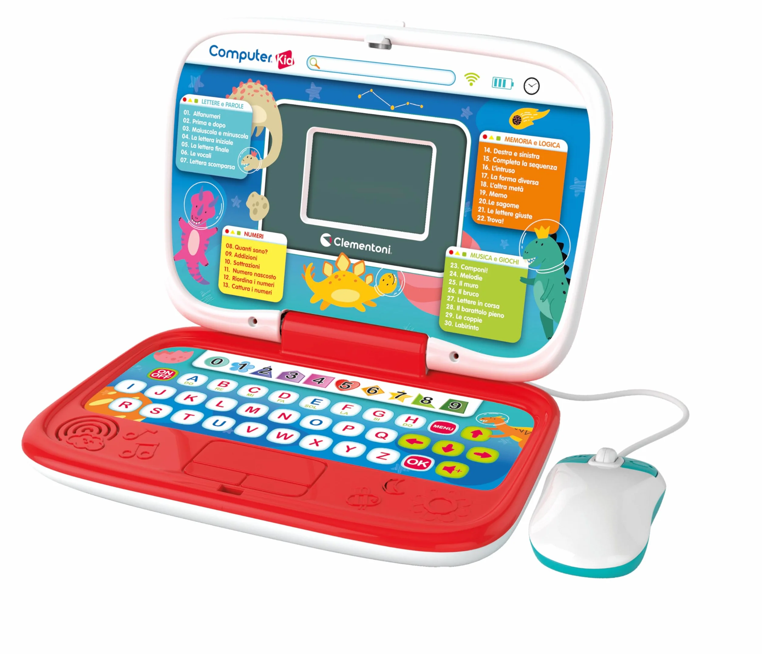Clementoni - Computer Kid Smart Laptop Educativo Bambini 4+ Anni, 30 attività Educative, Gioco Elettronico per Imparare Lettere, Numeri e Musica, Mouse e Batterie Inclusi, Lingua Italiana, 16482