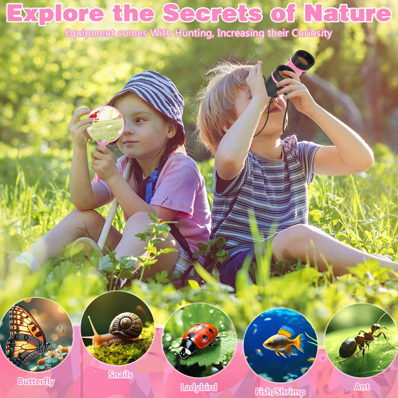 23 PCS Kit Esploratore Bambini, Set di Esplorazione per Bambini, Set Explorer Outdoor Giocattoli, con Binocolo, Cappello, Gilet, per età 3+, Anni, Kit di esplorazione Regalo (Rosa)
