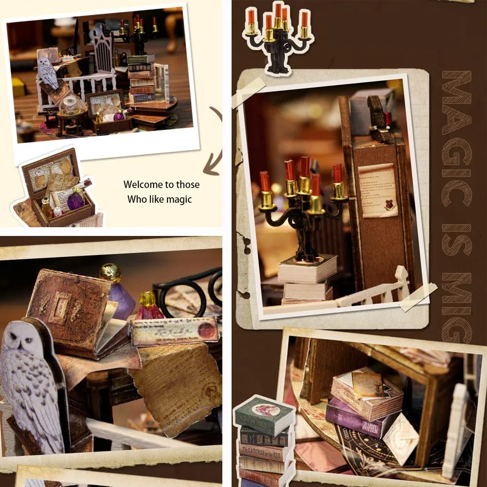 Kit per casa delle bambole in miniatura fai da te, kit per casa delle bambole in legno 3D, casa magica con copertura antipolvere e LED (casa magica)