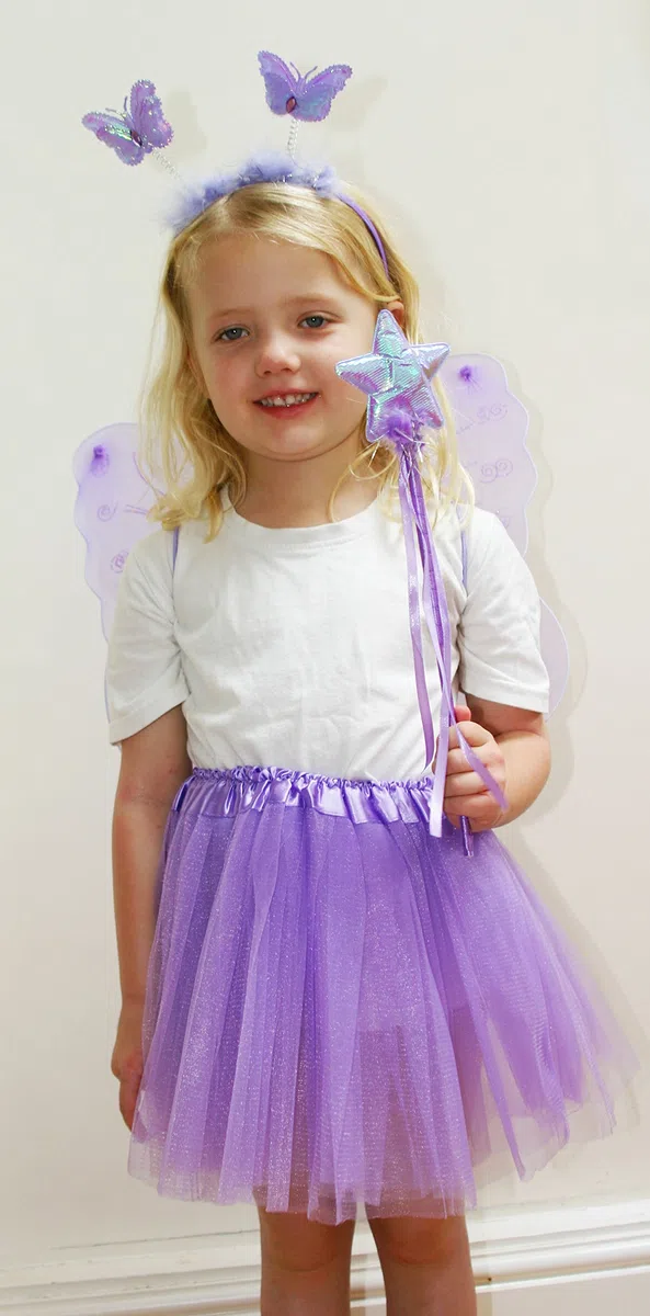 Fun Play costume da fata viola – Farfalla fata ali, tutù, bacchetta magica e fascia, per 3 – 8 anni viola