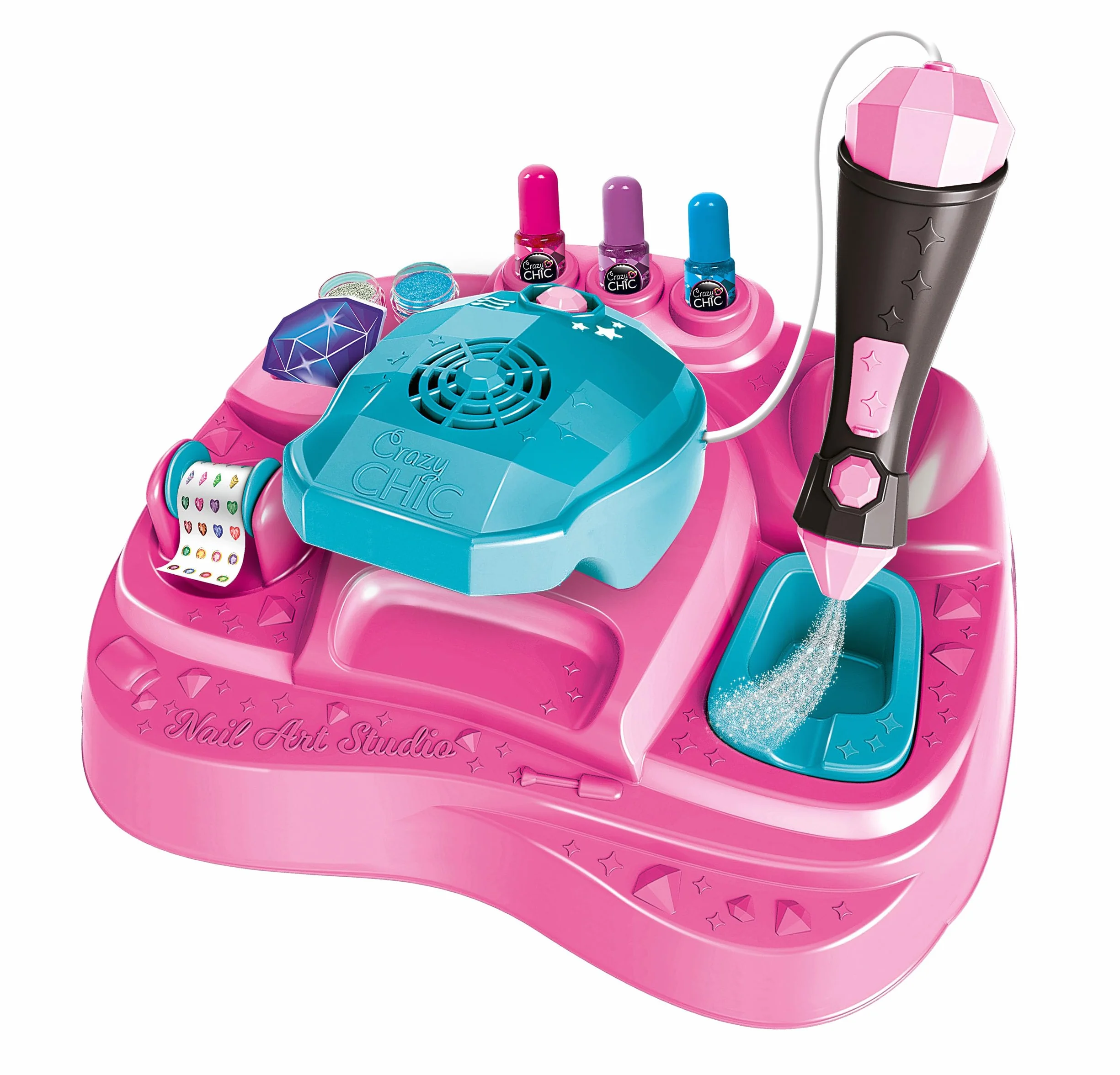 Clementoni Crazy Chic - Nail Art Studio, Set Completo per Manicure e Nail Art per Bambine di 6+ Anni, Kit Decorazione Unghie con Macchina Spara Glitter e Asciuga Smalto, Gioco Creativo, 18730