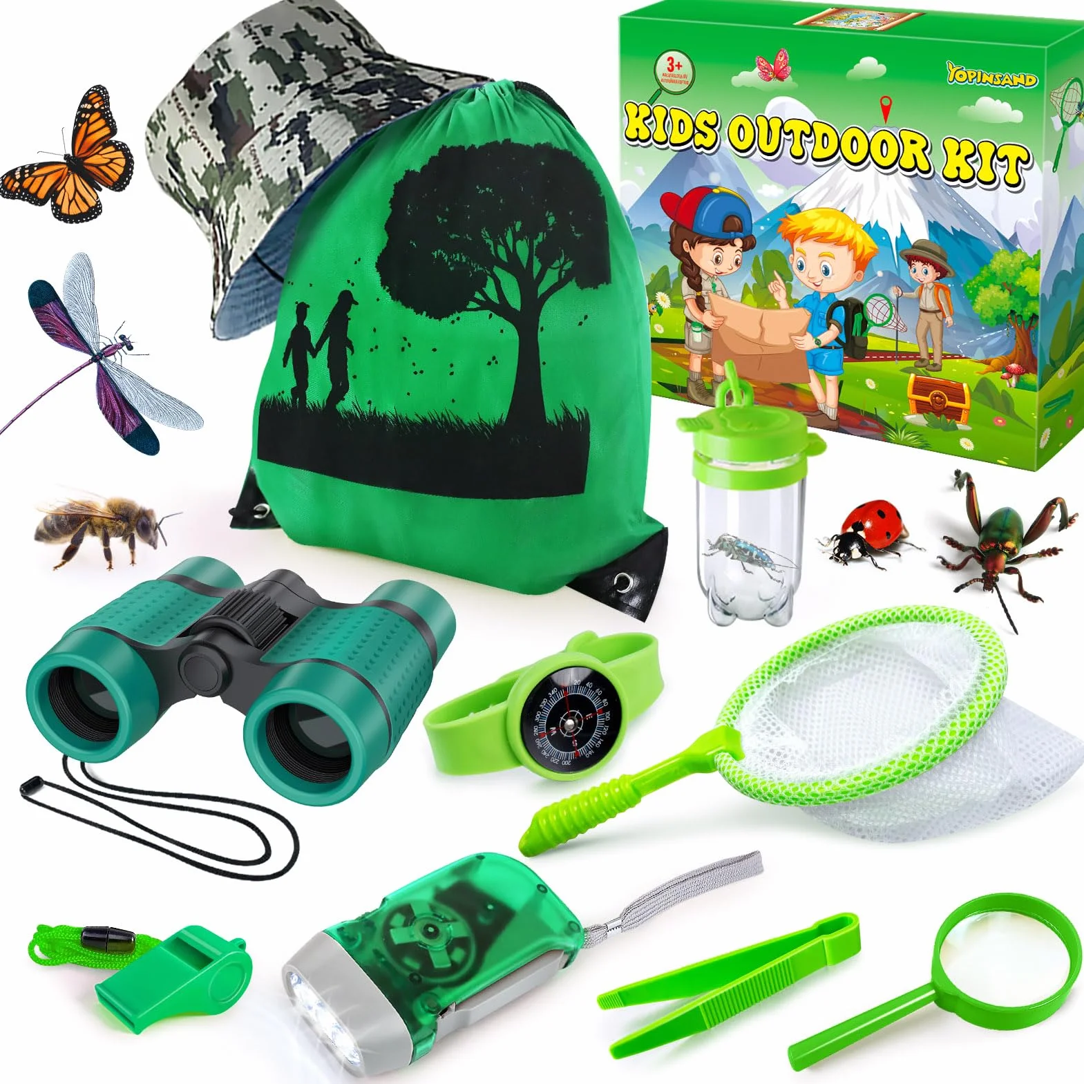 Set da esplorazione per bambini, con zaino, cappello e binocolo, giocattolo da esterno per bambini, ragazze e ragazzi