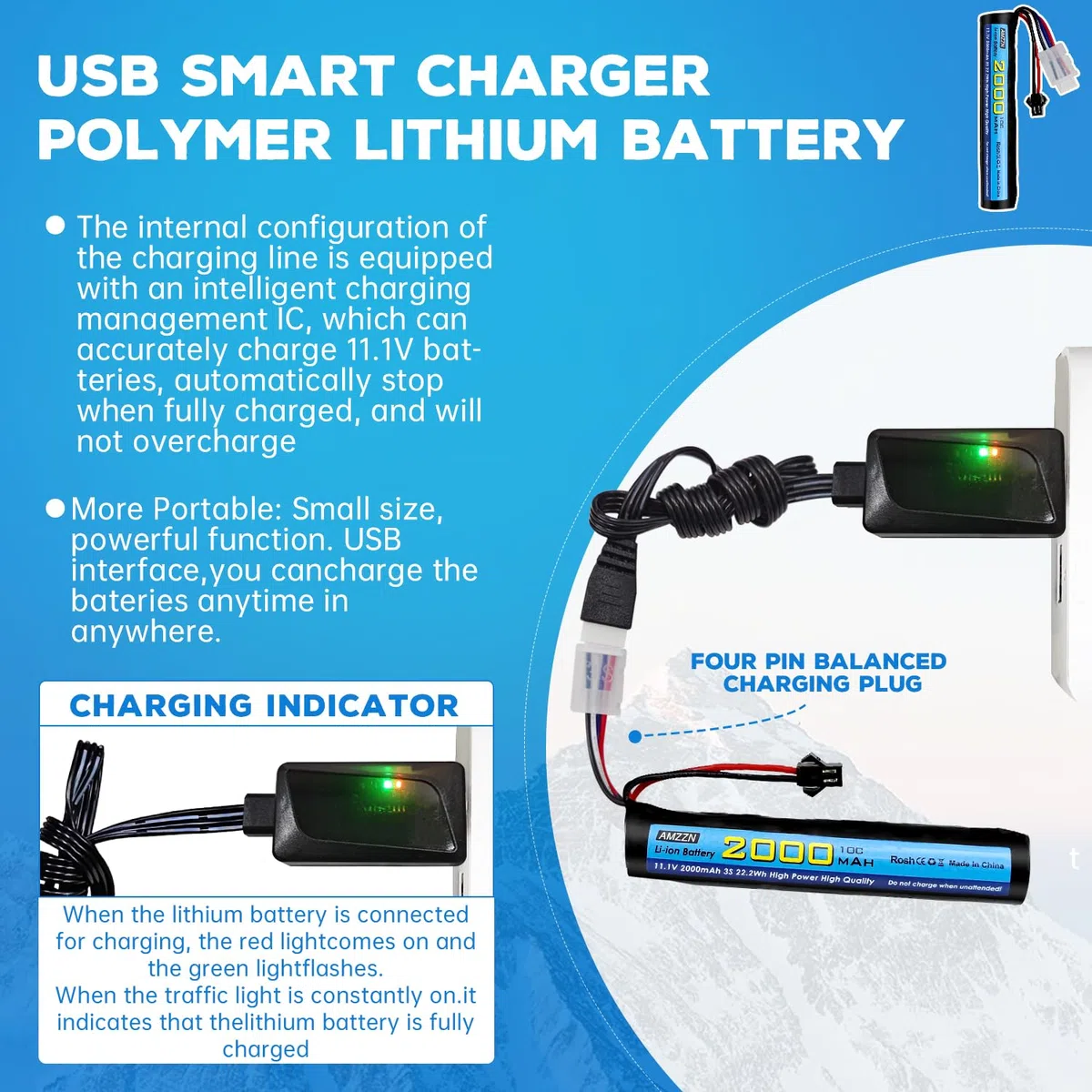 11.1V 10C 2000mAh batteria agli ioni di litio con SM-2P, T, cavo di conversione della spina Odamiya e Caricatore USB è adatto per il blaster di gocce d'acqua del gel della pistola ad aria