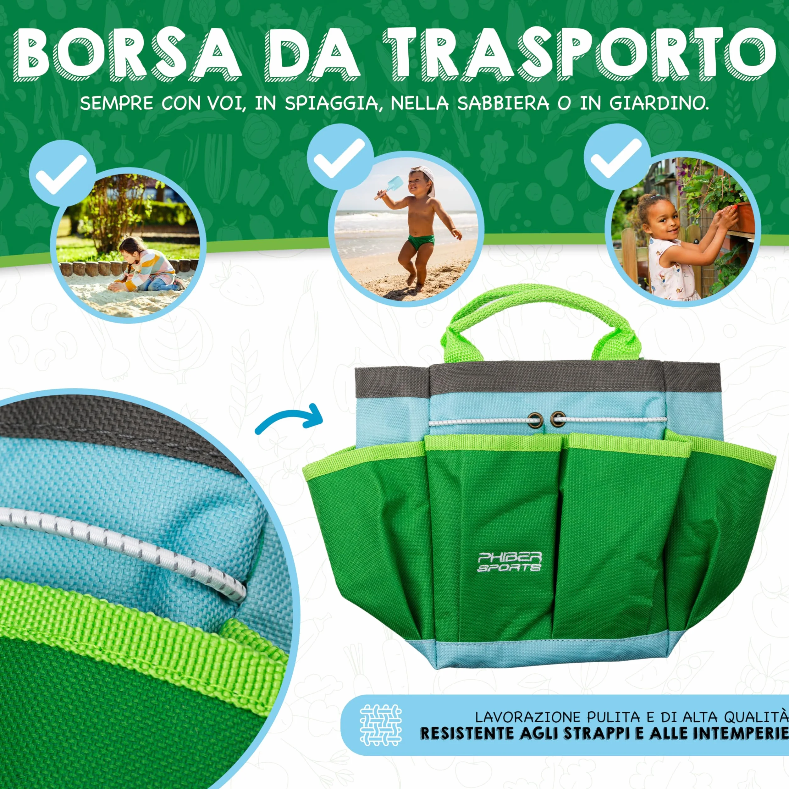 PHIBER-SPORTS Set di Attrezzi da Giardino per Bambini (11 Pezzi) - Attrezzi da Giardinaggio per Bambini dai 3 Anni in su - Strumenti in Metallo, annaffiatoio, Guanti da Giardinaggio, Borsa