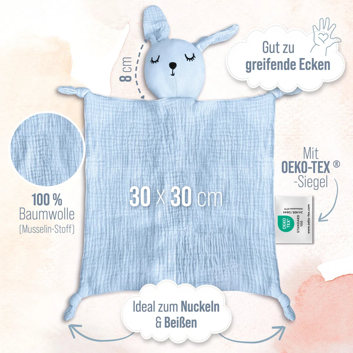 Doudou per bambino con nome ricamato, certificato Oeko-TEX Standard 100, doudou personalizzato in morbida mussola (blu chiaro)