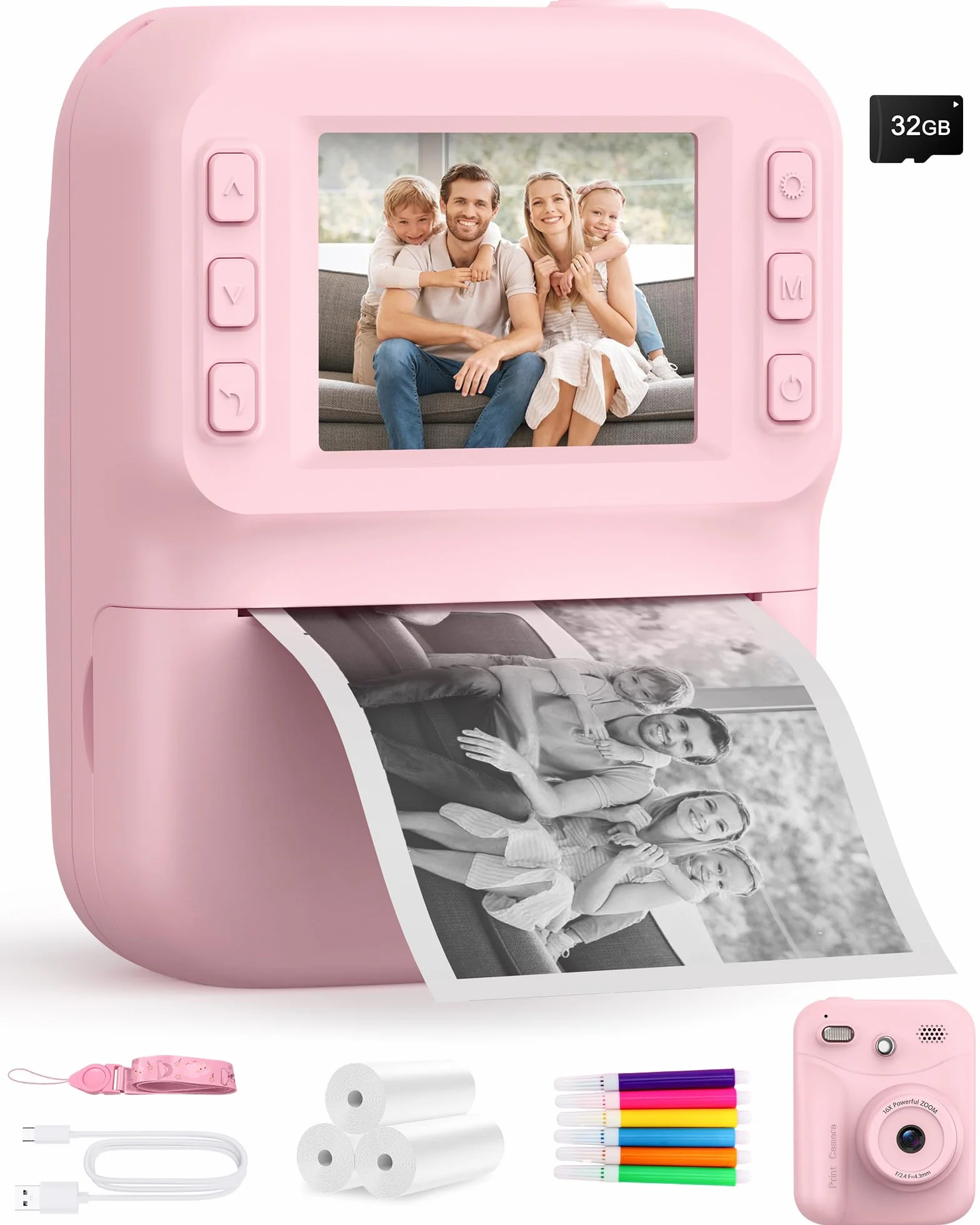 Macchina Fotografica Bambini, Schermo 2.4 HD Pollici e, Scheda da 32 GB e 3 Rotoli di Carta Fotografica, 1080P Macchina Fotografica Istantanea, Adatto Bambini dai 3 ai 12 Anni (Rosa)