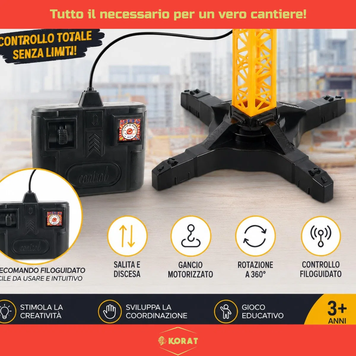 KORAT Gru Giocattolo Filoguidata 60 cm per Bambini, Rotazione 360°, Telecomando a Filo, Gancio Mobile e Accessori Inclusi Gioco Educativo per Coordinazione e Fantasia 3+ Anni