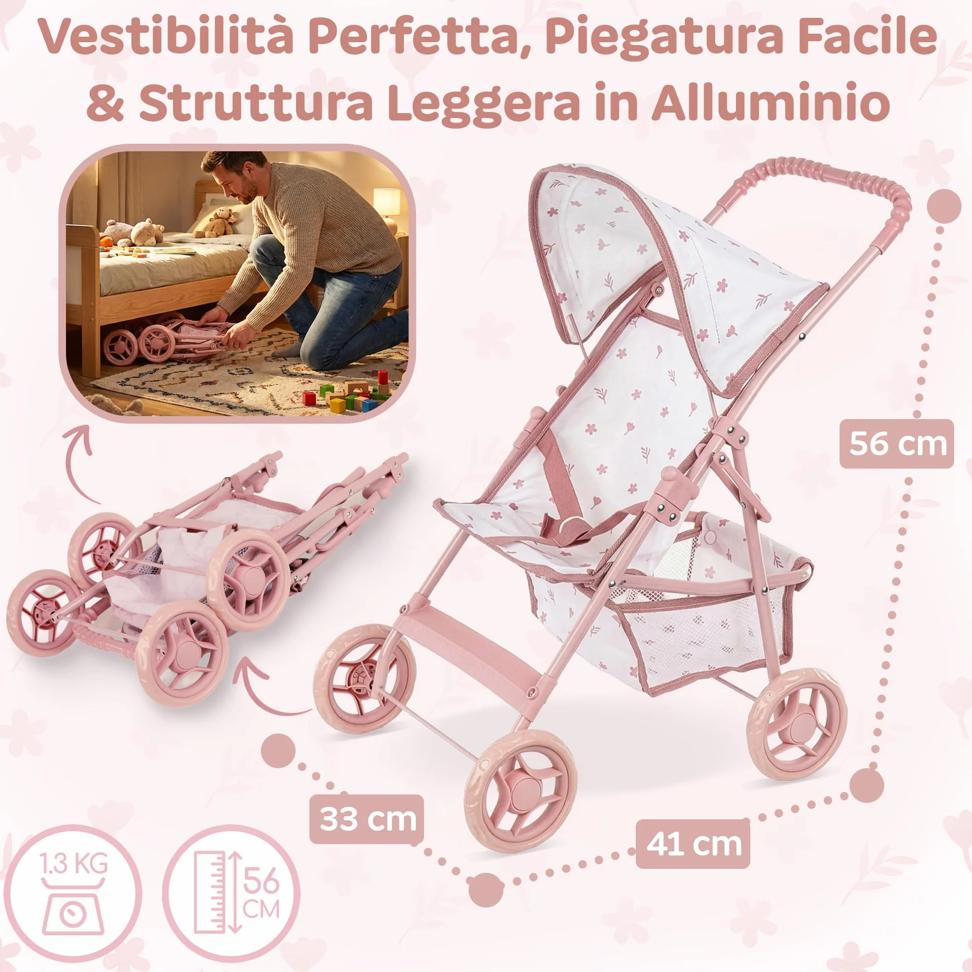 Kinderplay Passeggino per bambole dai 3 anni in su - Passeggino leggero e pieghevole, con ruote in EVA, cinghia e tettuccio, colore rosa