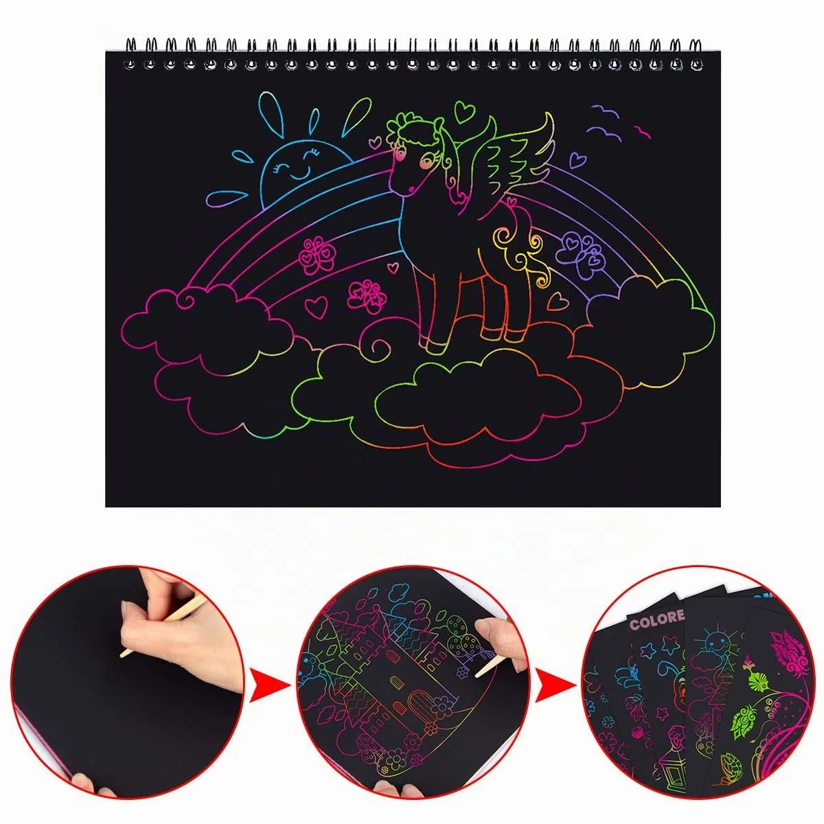 Scratch Art Notes per Bambini, Set di 3 Blocco da Disegno Arcobaleno Scratch Paper con 6 Penne Stilografiche In Legno e 4 Righelli Da Disegno per Disegni, Giochi e Scrittura
