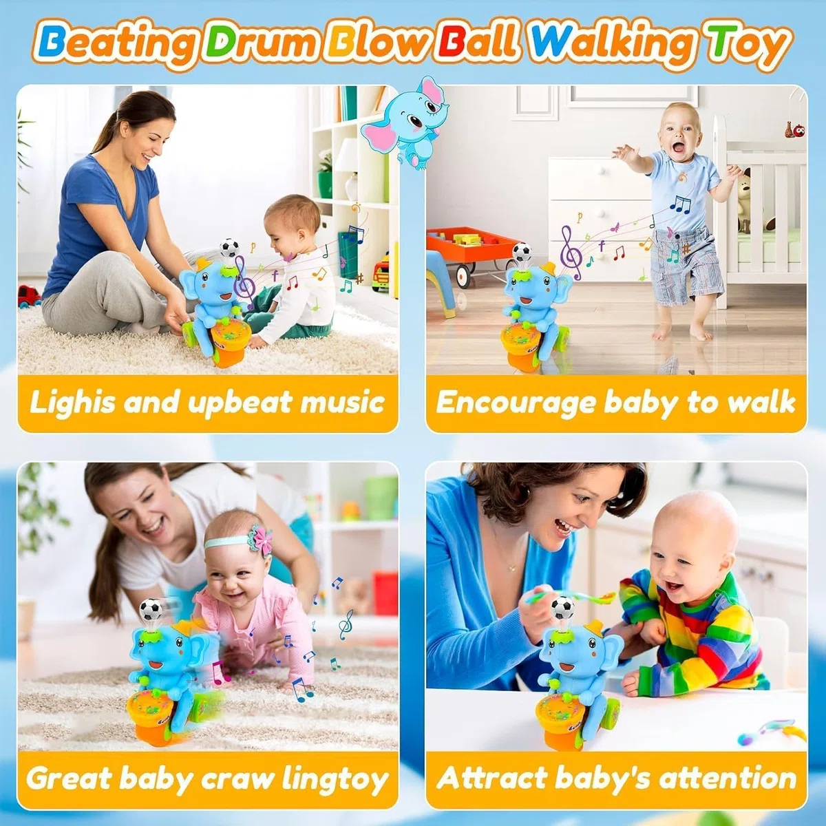 Giocattolio musicale dell'elefante che cammina con tamburi e luci LED, giocattolo interattivo per bambini con suoni, giocattolo mobile per elefanti per bambini piccoli, giocattolo educativo precoce