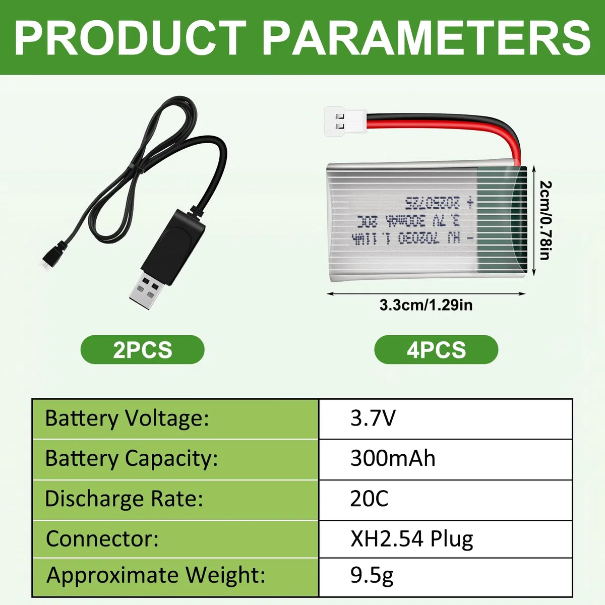 4 Pezzi di Batteria Lipo da 3.7 V, 300 mAh Batterie Lipo, per Aereo RC Elicottero Drone Tutti i Modelli e Giocattoli (37 x 20 x 8 mm, XH2.54 Connettore)