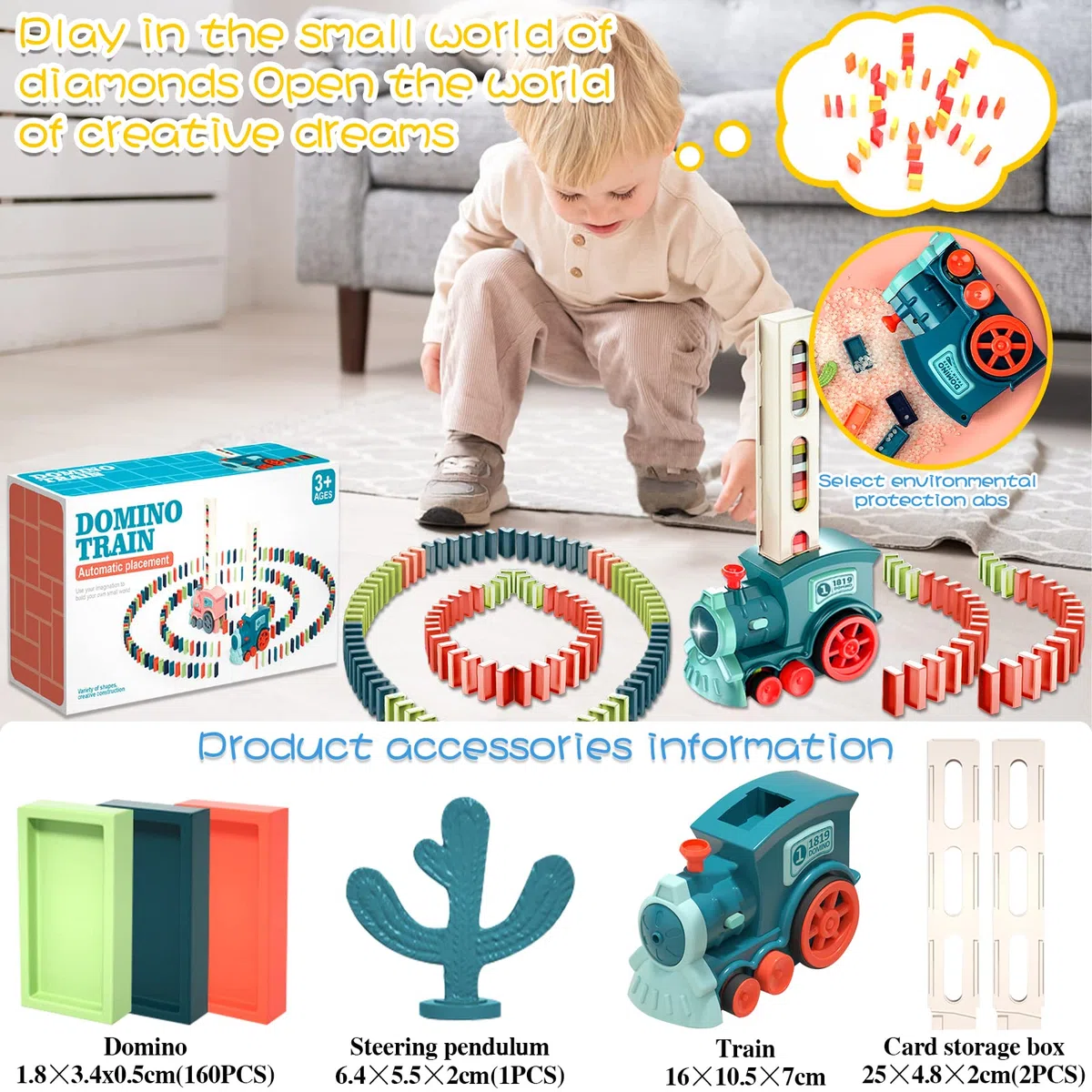 Set Treno Domino Automatico con 160 Blocchi. Trenino Elettrico con Luci e Suoni, Divertente e Colorato per Giocattoli di 3 4 5 Anni (blu)
