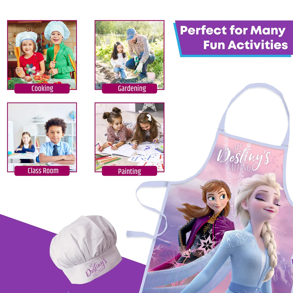 Grembiule Cucina Bambini Frozen, Set Chef con Cappello, Vestito Cuoco Bambino, Grembiule e Cappello regolabile per dipingere, Costume Cuoco Bambino, Elsa Magic