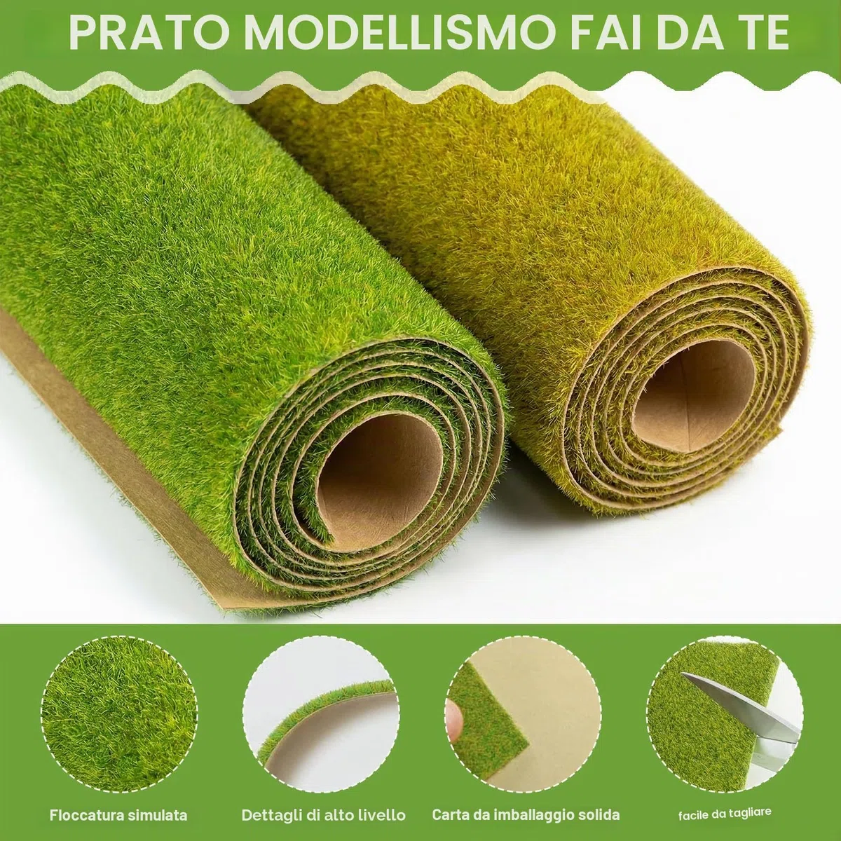 2 Rotoli Tappeto Erboso Sintetico 100 x 35 cm Tappeto Erboso Modello Ferroviario Floccato, Erba Finta Decorazione Bonsai Mini Giardino per Modellismo Paesaggistico(Verde Giallastro/Verde)