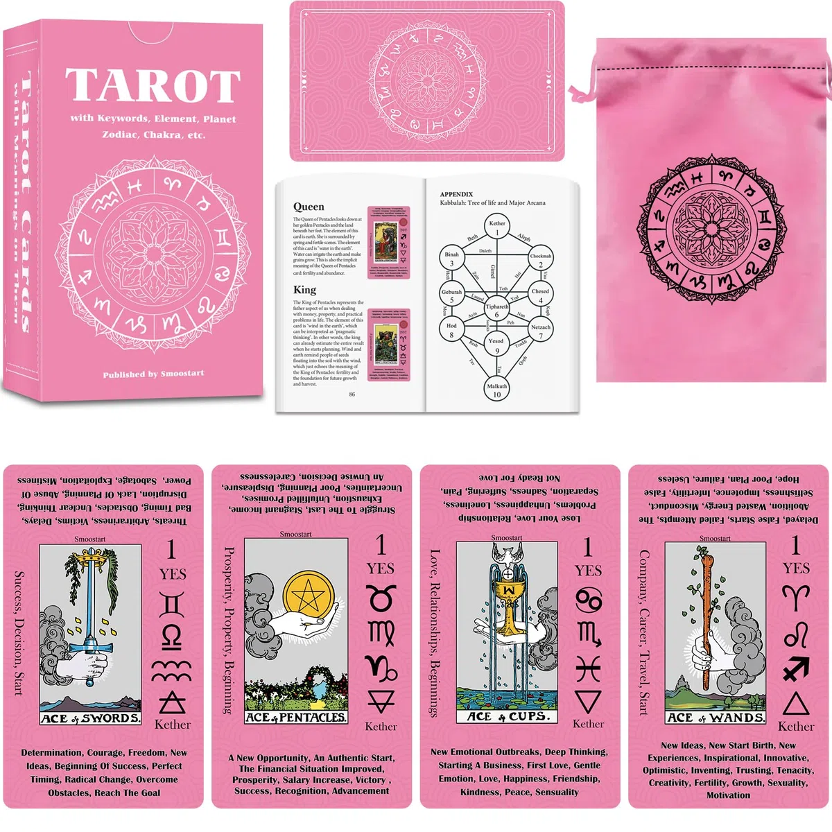 Smoostart Tarocchi rosa per principianti, mazzo di carte dei tarocchi con libro guida, tarocchi con significati su di loro viene fornito con squisita borsa di stoccaggio