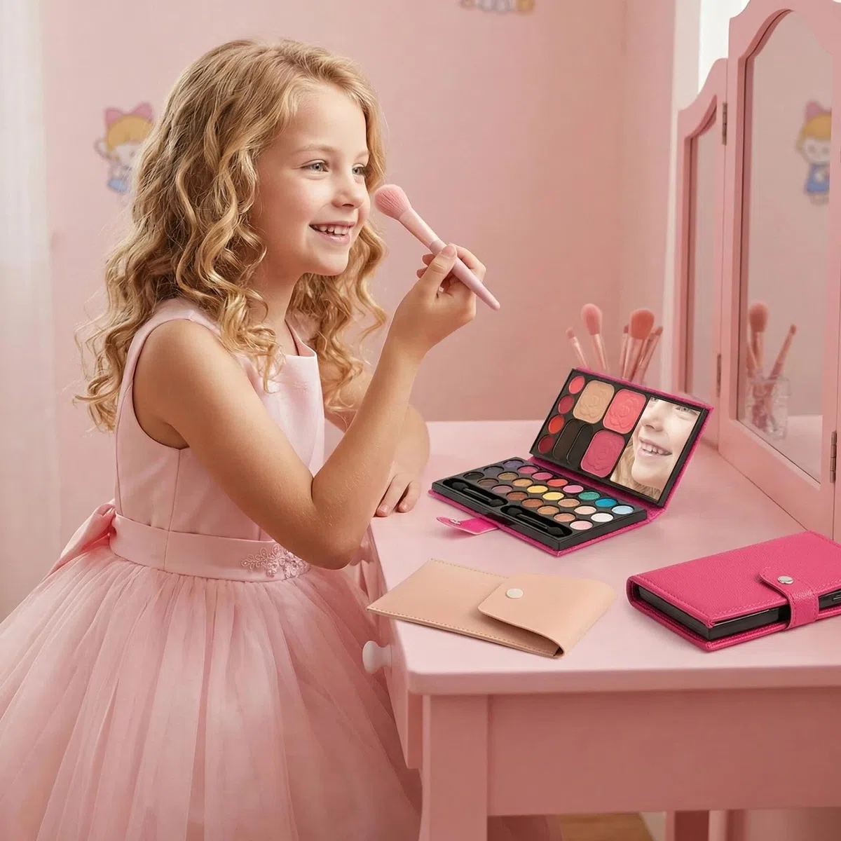 Set Trucco per Bambine, Set Trucco per Ragazze con Specchio e 9 Pennelli, Cosmetici Giocattolo Non Tossici Bambini, Kit di Bellezza Cosmetica per Compleanni Feste Spettacoli Halloween Natale