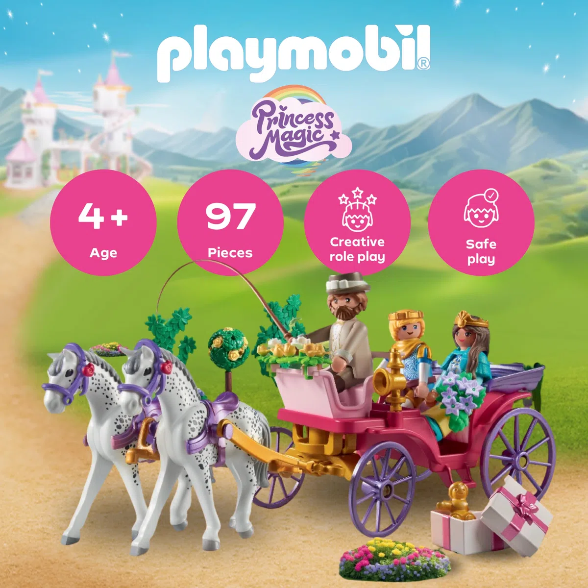 PLAYMOBIL | Princess Magic | Passeggiata in carrozza reale con principessa e principe | Giocattolo della principessa | Giocattolo da favola per bambini dai 4 anni in su | 71846