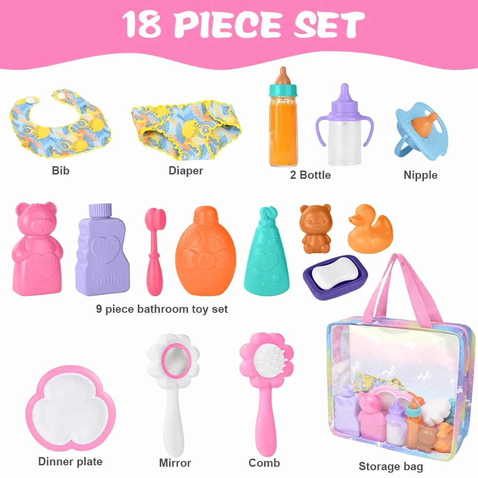 Aolso 18PZ Accessori per Bambole, Biberon Magico per Bambini e Ciucci, Set di Piatti e Posate per Bambole, Set Accessori Bagno per Bambola, dal Momento della Pappa a Quello del Bagnetto, Idee Regalo