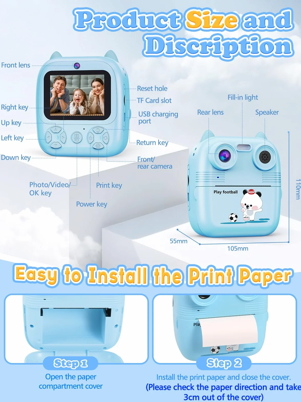 Macchina Fotografica Bambini Istantanea, 48MP e 1080FHD Dual-Camera Obiettivo Fotocamera Digitale con 4 Rulli di Carta da Stampa 2,4 Pollici IPS Schermo di Protezione Oculare 32GB Scheda (Blu)