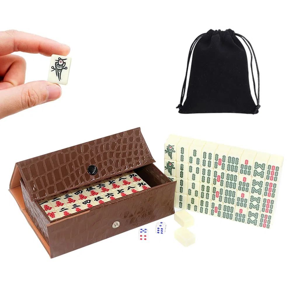 Mahjong Gioco Set, Mahjong Gioco da Tavolo con 144 Pietre, Mini MahjongSet con Scatola Portaoggetti, MahjongSet di Giochi in Versione Cinese Tradizionale (Scatola Di Pelle)