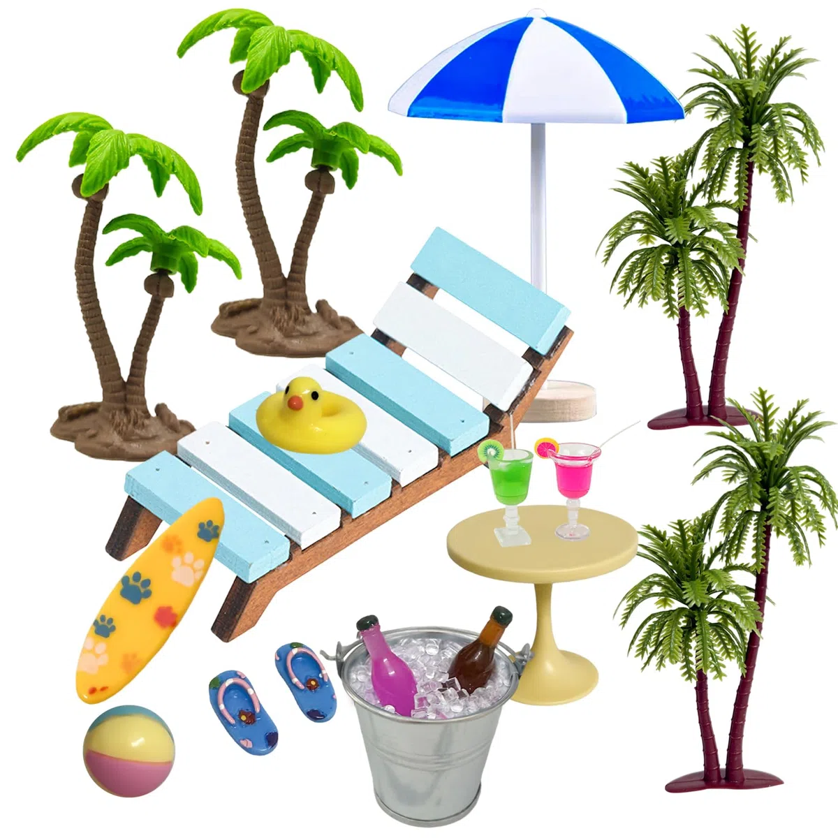 Golgner 11 pcs aaccessori decorativi in miniatura per sauna, set di ornamenti in miniatura, micro paesaggio da spiaggia, con mini sedia a sdraio, albero di cocco, per DIY della casa delle bambole