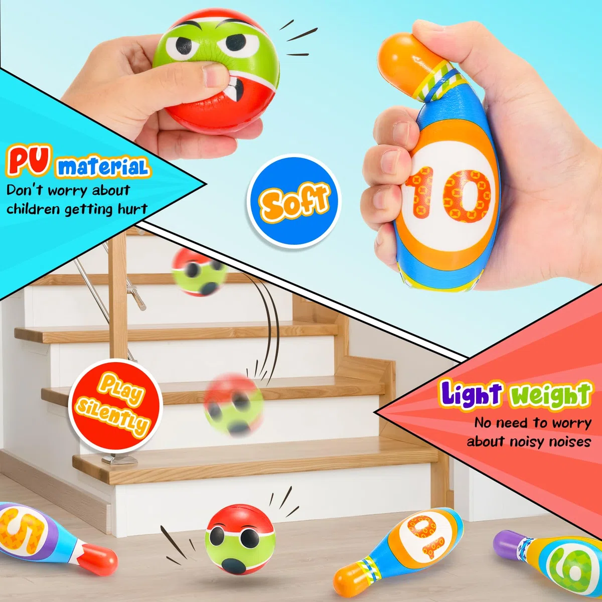 Adeokay Birilli Bowling Set Giochi da Esterno Bambini 2-9 Anni, Regalo Giocattoli Montessori da Giardino