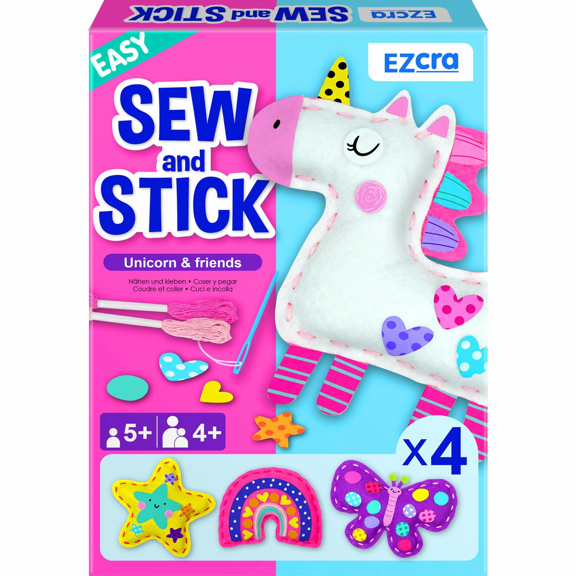 EZCRA Kit di Cucito per Bambini Unicorno - Set di Attività Creative 4 in 1 - Imparare a Cucire Facilmente - Animali di Feltro con Adesivi Decorativi - Per Bambine dai 4 agli 8 Anni